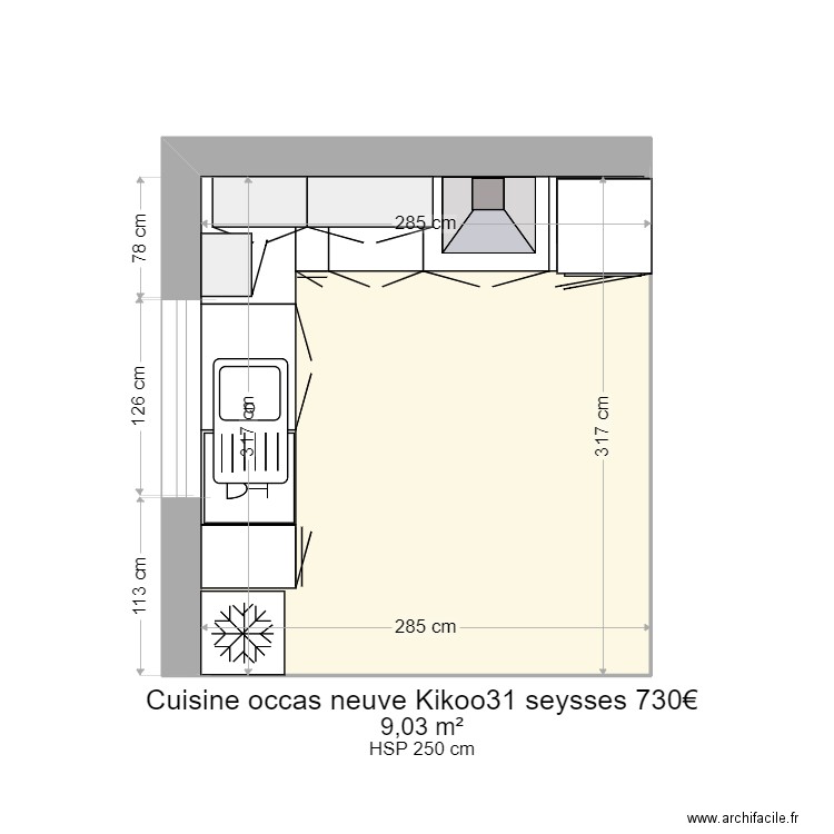 cuisine occas neuve Kikoo31 Seysses 730€. Plan de 1 pièce et 9 m2