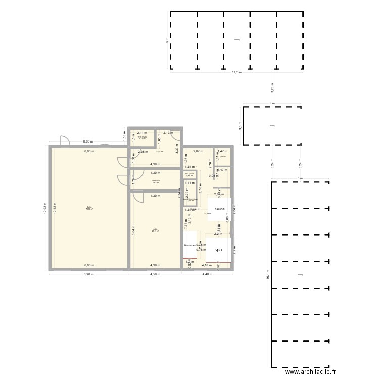 Projet salle/spa ++. Plan de 6 pièces et 165 m2
