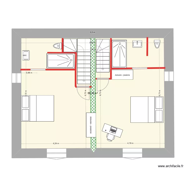 Plan &eacute;tage avec deux escaliers 3 et sdb rdc dans grange. Plan de 1  et 56 m²