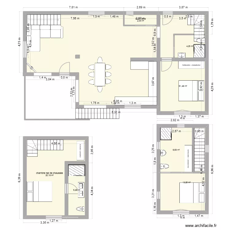 maison bastien. Plan de 7  et 67 m²