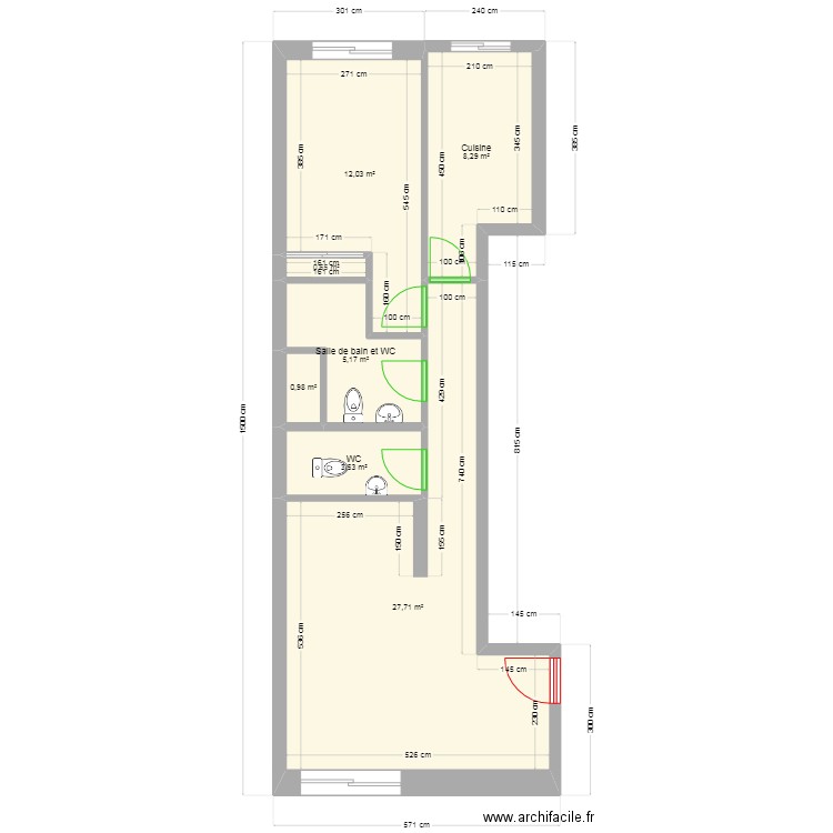 Appartement 2 pièces 61 m². Plan de 0 pièce et 0 m2
