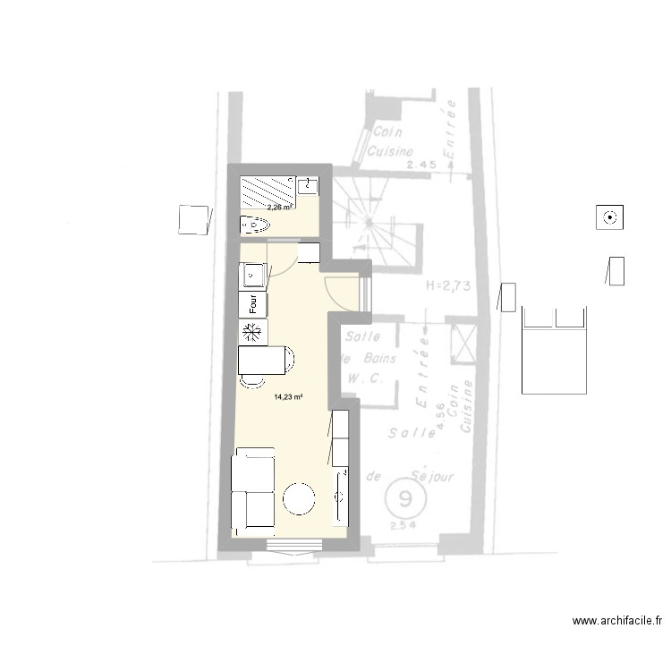 PARIS 1. Plan de 2 pièces et 17 m2