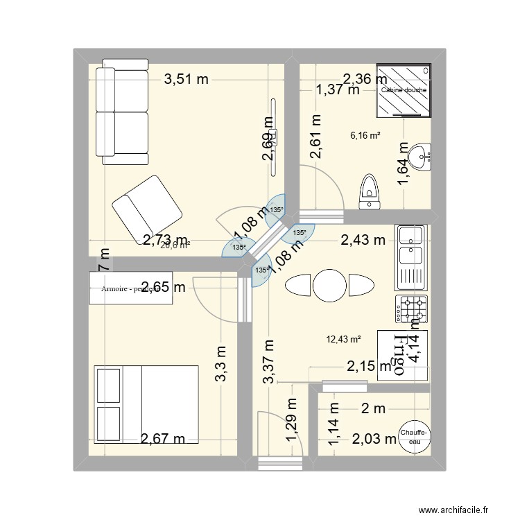 projet 1 akissi. Plan de 3 pièces et 39 m2