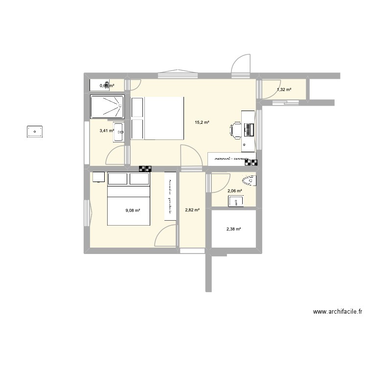 chambre parentale. Plan de 8 pièces et 37 m2