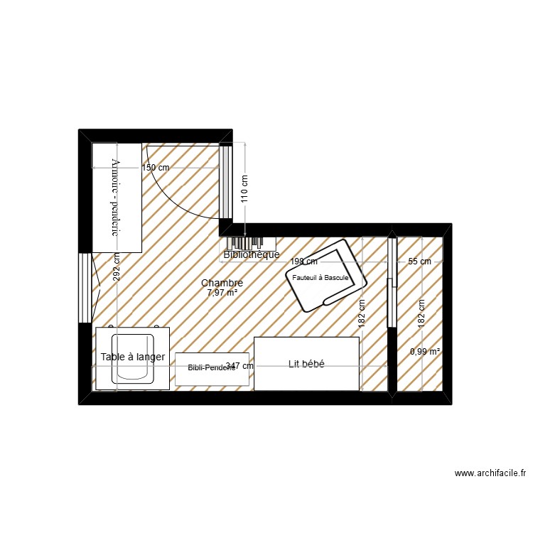 Chambre bébé. Plan de 2 pièces et 9 m2