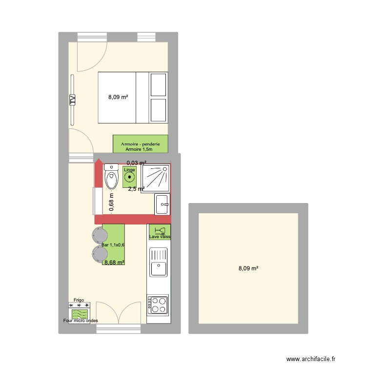 Studio. Plan de 5 pièces et 27 m2