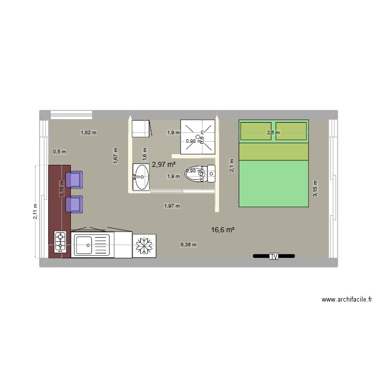 Studio Ti Kaz. Plan de 2 pièces et 20 m2