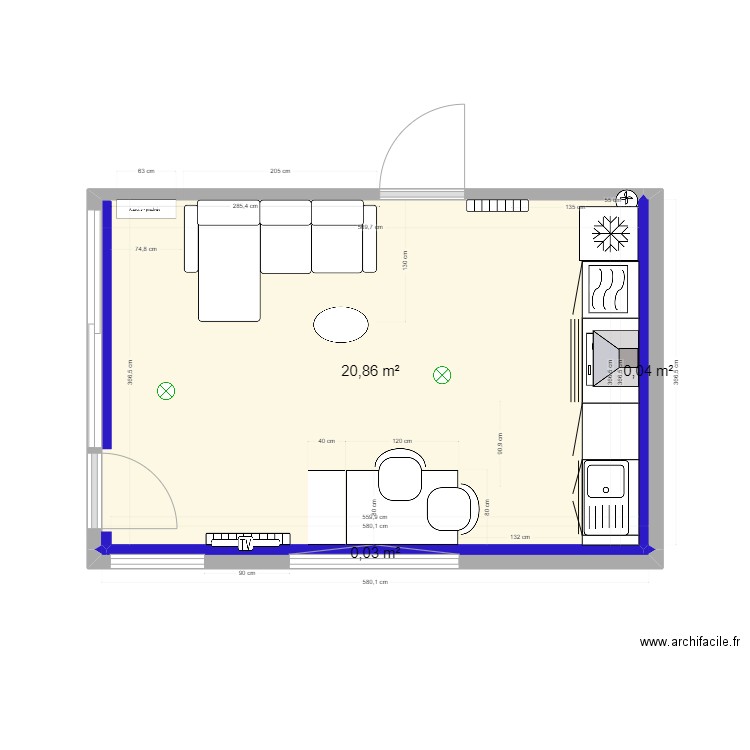 Plan PM Pièce Principale 4 meublé conforama. Plan de 3 pièces et 21 m2