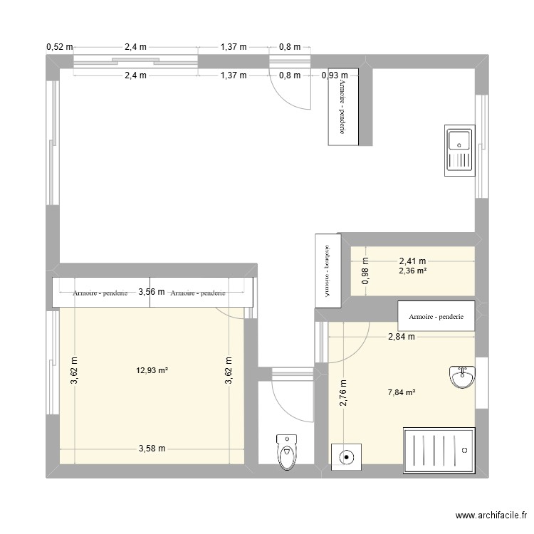 atelier. Plan de 3 pièces et 23 m2