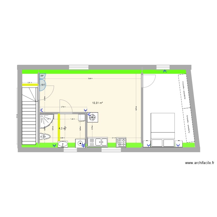 Studio 3. Plan de 2 pièces et 23 m2