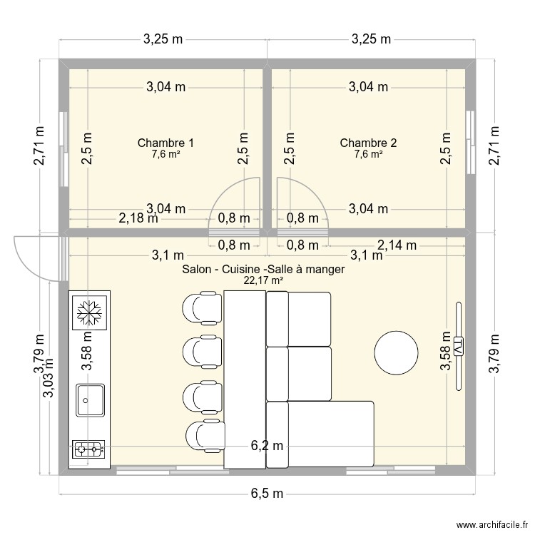 ameland-1. Plan de 3 pièces et 37 m2