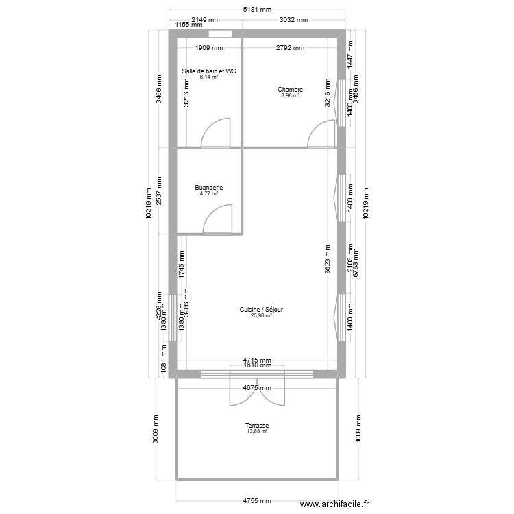 Petit Chalet cotes. Plan de 5 pièces et 60 m2