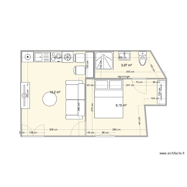 beslot. Plan de 3 pièces et 26 m2