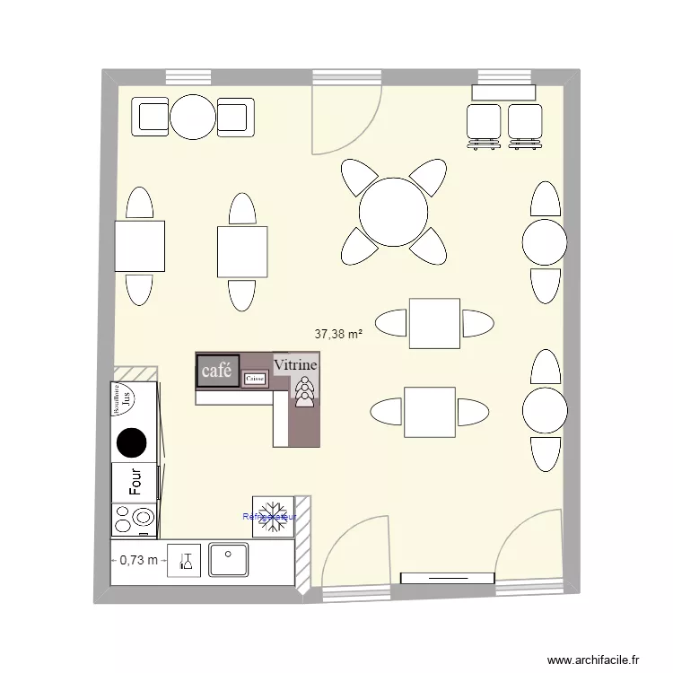 salon de th&eacute;. Plan de 1  et 37 m²