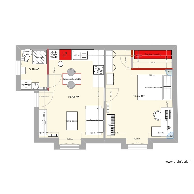 LEROY 308 actuel travaux V2. Plan de 3 pièces et 37 m2