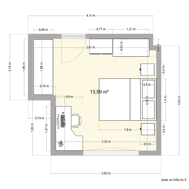 Chambre. Plan de 1 pièce et 14 m2