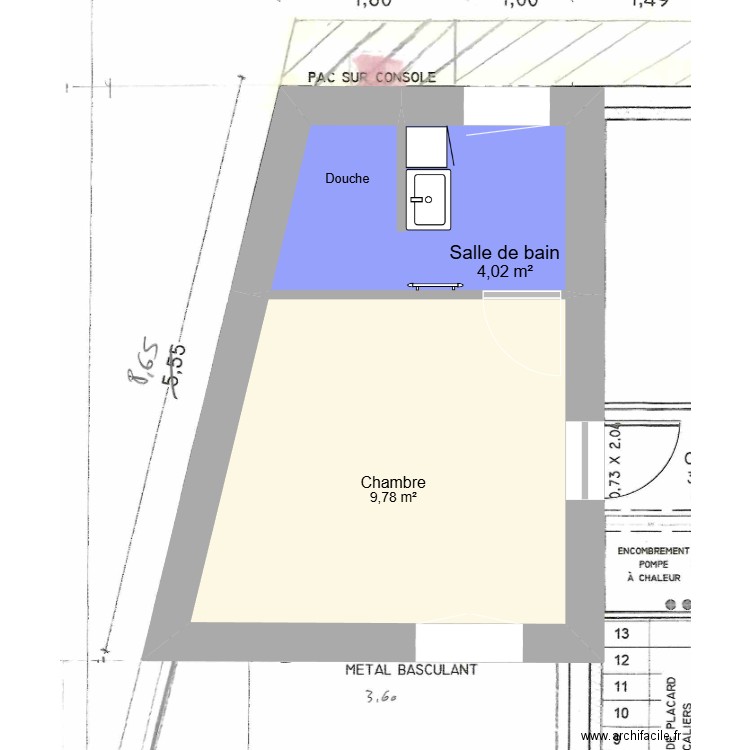 V2 plomberie. Plan de 3 pièces et 28 m2