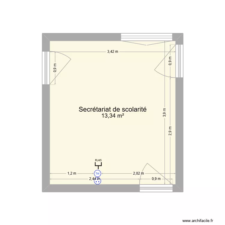Secr&eacute;tariat de scolarit&eacute; LP. Plan de 1  et 13 m²