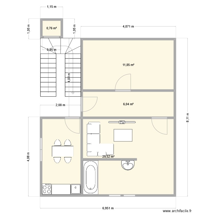 r+1. Plan de 4 pièces et 44 m2