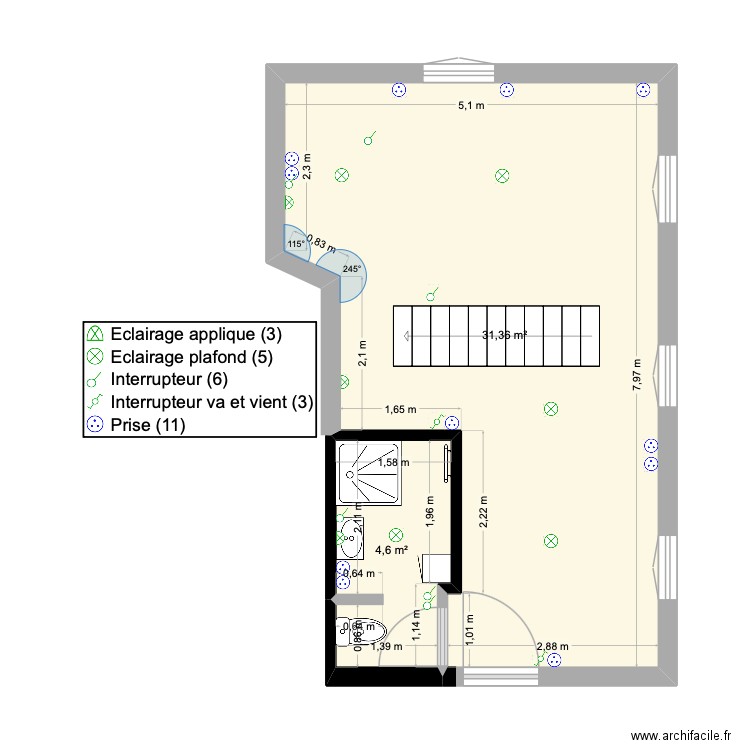 dépendance rez de chaussée escalier droit avec cuisine. Plan de 2 pièces et 36 m2