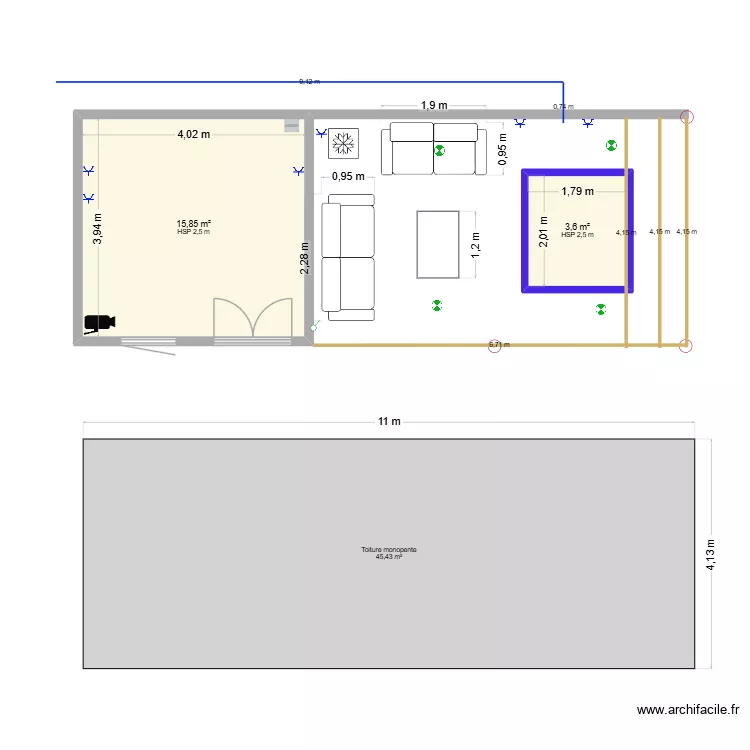 Pool house. Plan de 2  et 19 m²