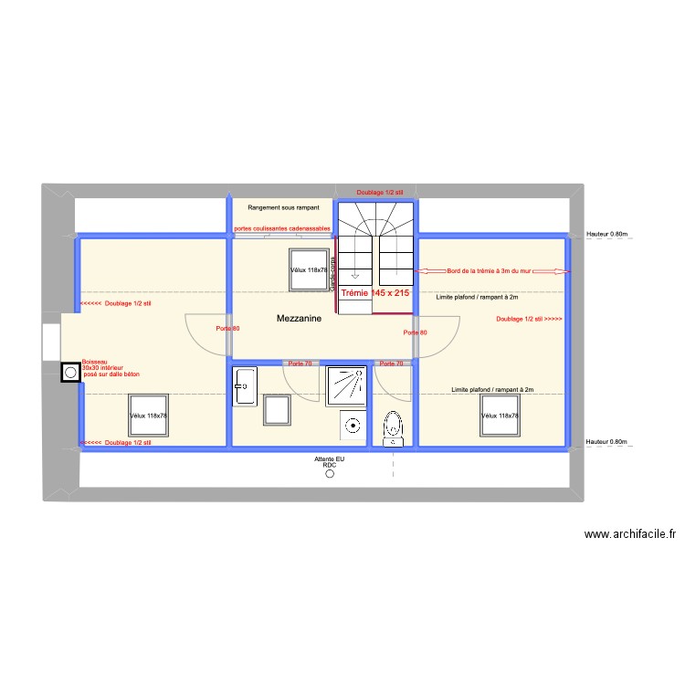 Cloisons et doublages étage. Plan de 11 pièces et 50 m2