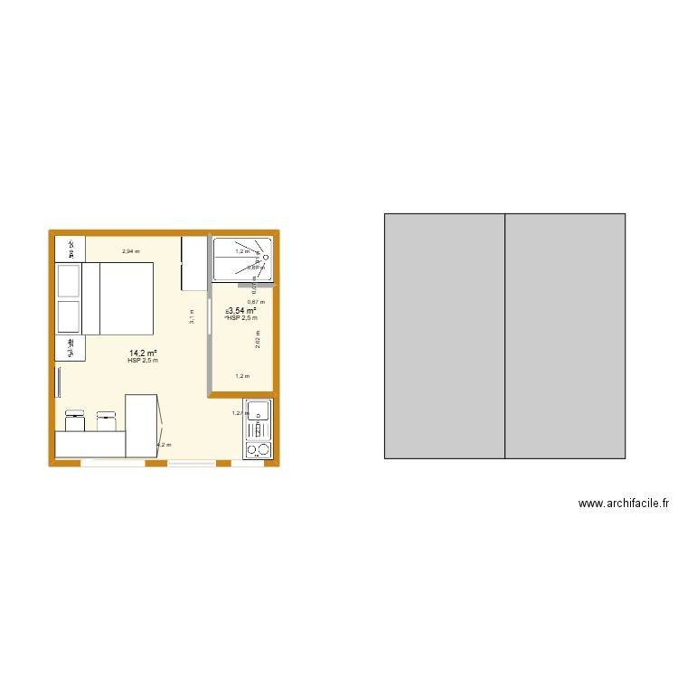 hugo. Plan de 2 pièces et 18 m2