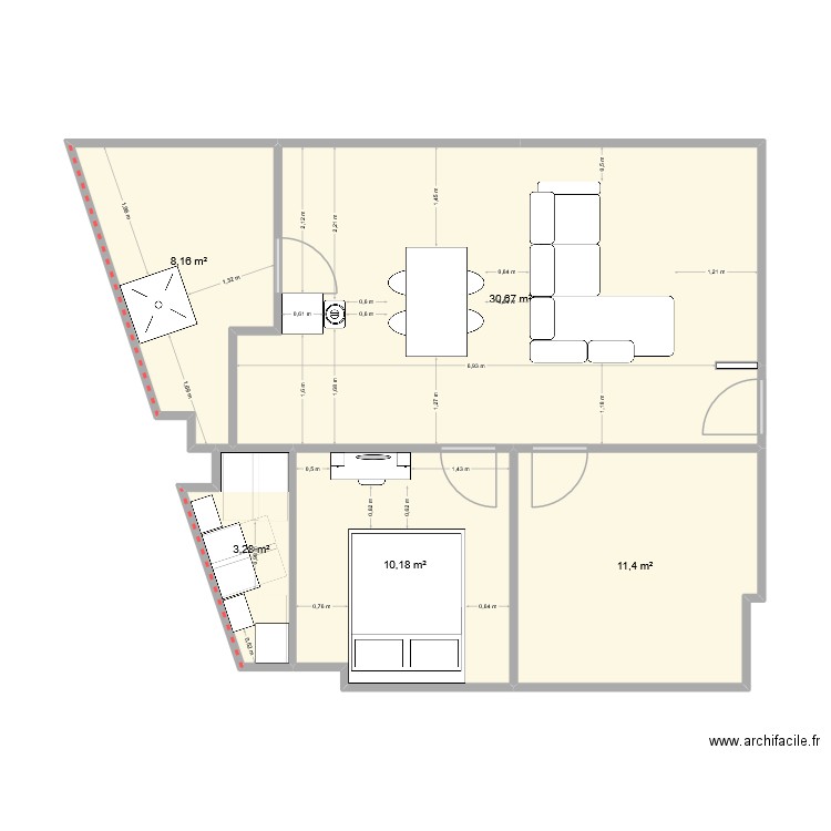 chambre. Plan de 5 pièces et 64 m2