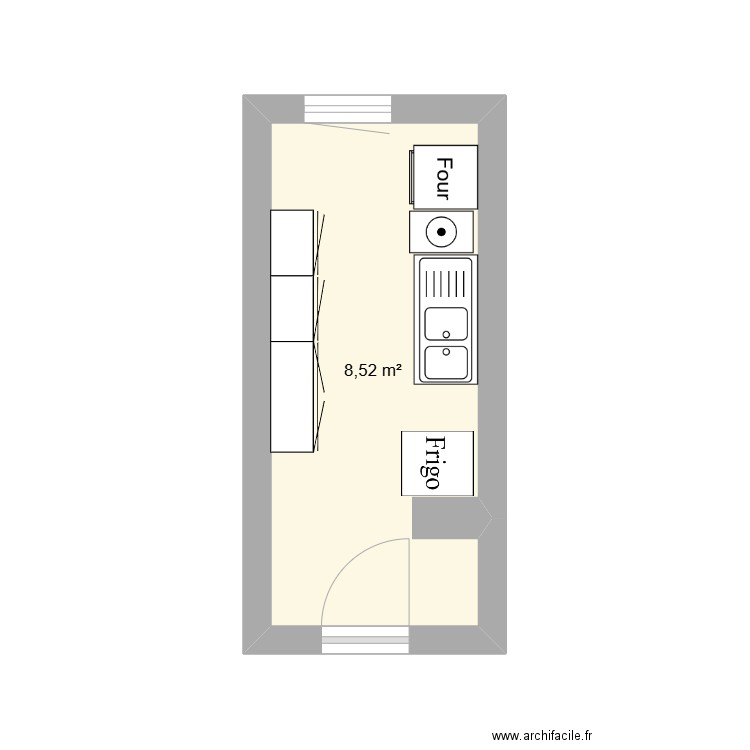 Cuisine appart 72m². Plan de 1 pièce et 9 m2