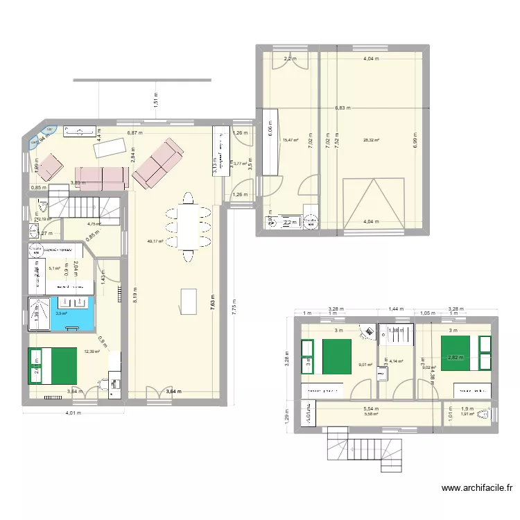 maison Michel. Plan de 14  et 154 m²