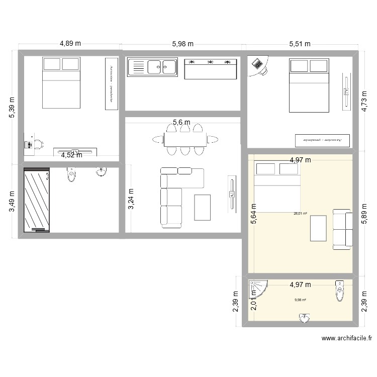 Home. Plan de 2 pièces et 38 m2