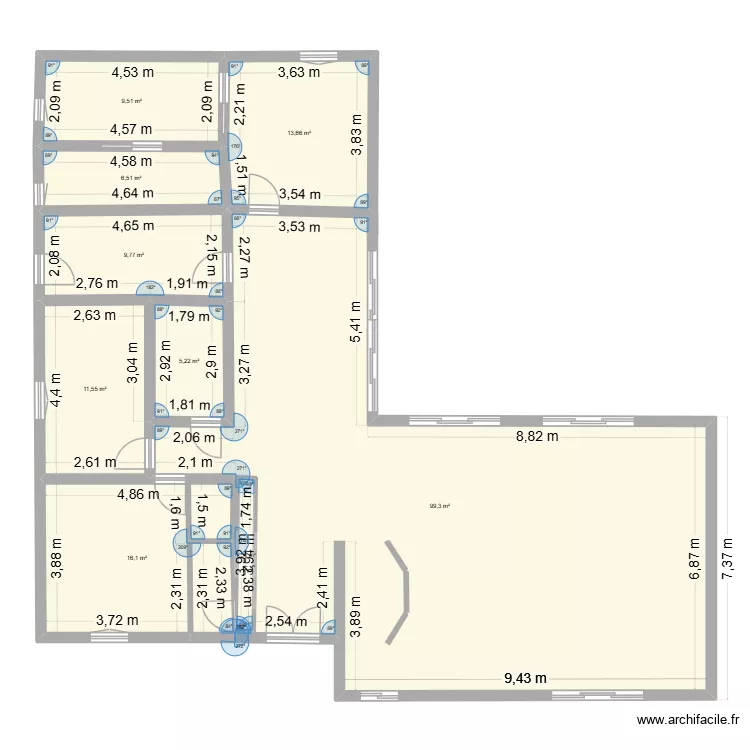 Projet 2. Plan de 9 pièces et 178 m²