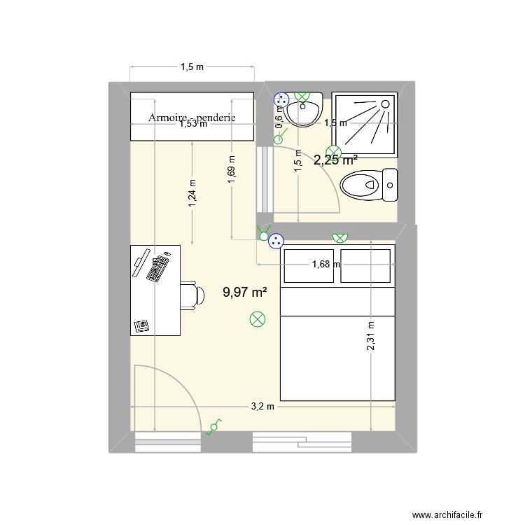 base chambre maison accueil Klara. Plan de 2 pièces et 12 m2