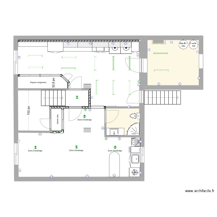 Sous sol électricité éclairage chauffage. Plan de 3 pièces et 14 m2