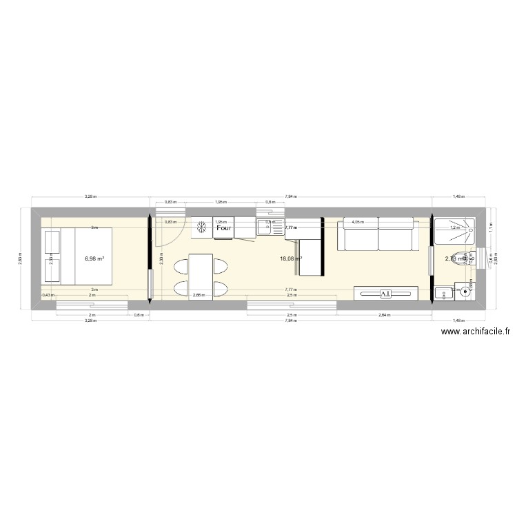 t2 en 1 container 40 pied. Plan de 3 pièces et 28 m2