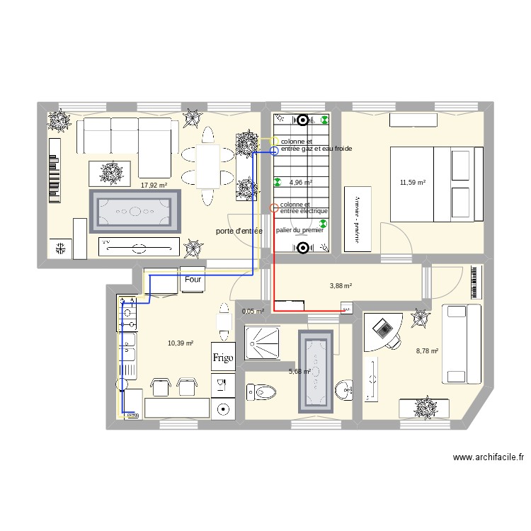 aménagement appartement. Plan de 8 pièces et 63 m2