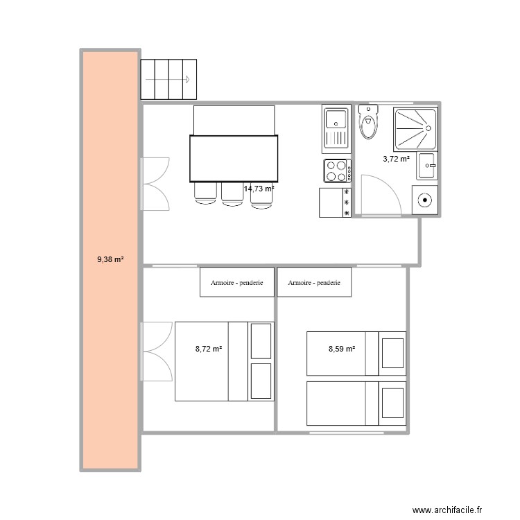 Galta meuble. Plan de 5 pièces et 45 m2