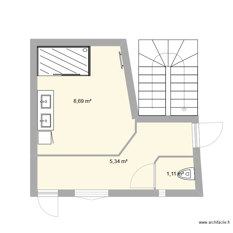 sdb. Plan de 3 pièces et 15 m2