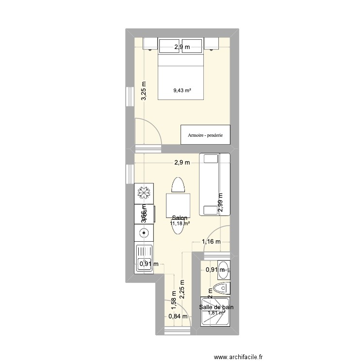 Studio 22m2 - Maisons Alfort - cuisine/SDB initiale. Plan de 3 pièces et 22 m2