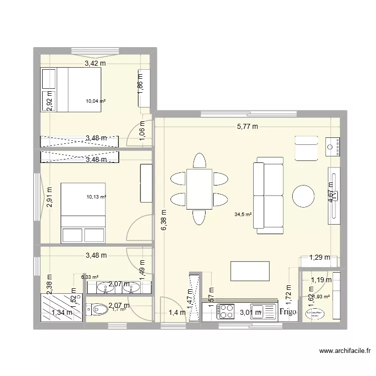 maison 2 2 chambre. Plan de 6  et 65 m²