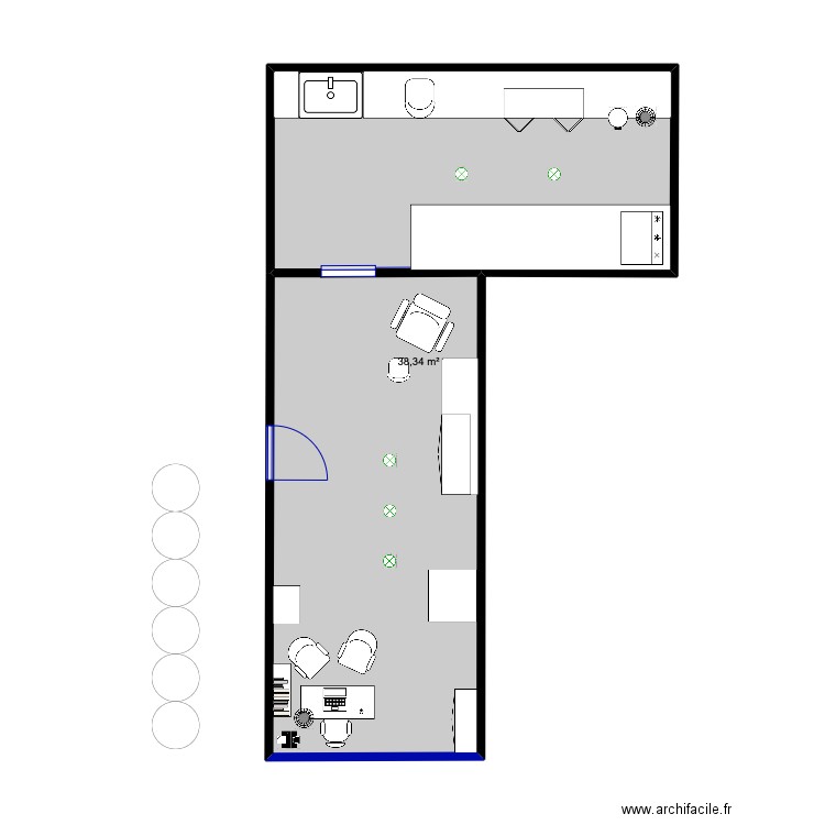 cabinet. Plan de 1 pièce et 38 m2