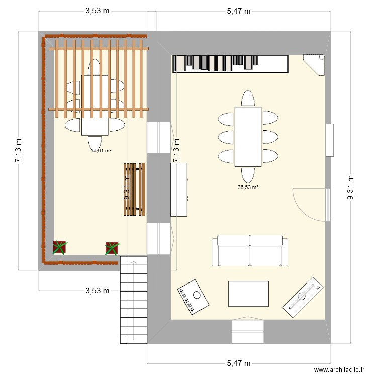 Salon salle à manger. Plan de 2 pièces et 54 m2