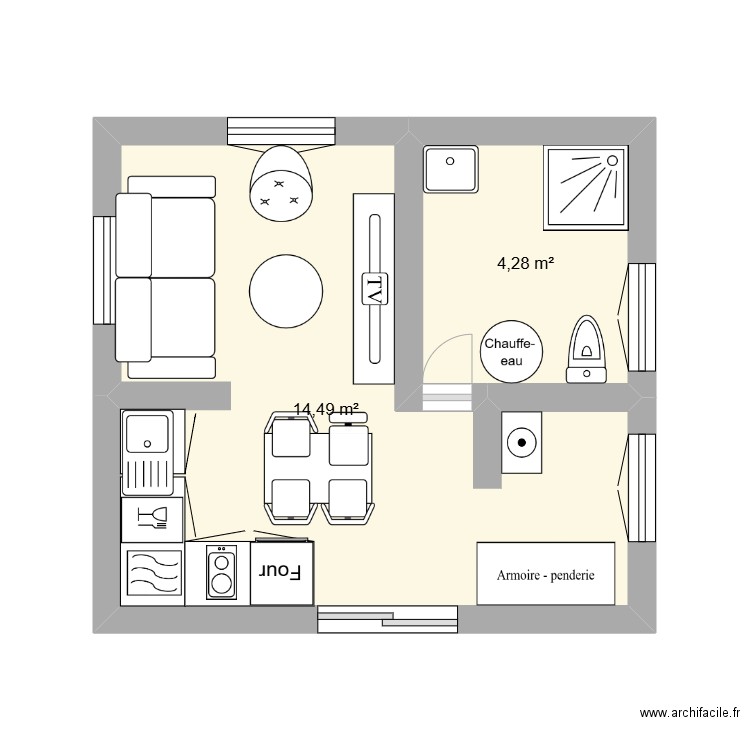 appartement 20m2. Plan de 2 pièces et 19 m2