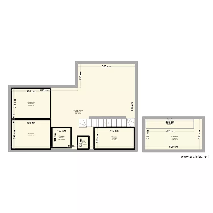 Mon T5 avec deux chambres &agrave; l'&eacute;tage. Plan de 
