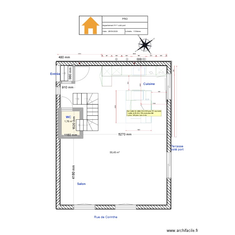 notre appart R+1. Plan de 2 pièces et 60 m2