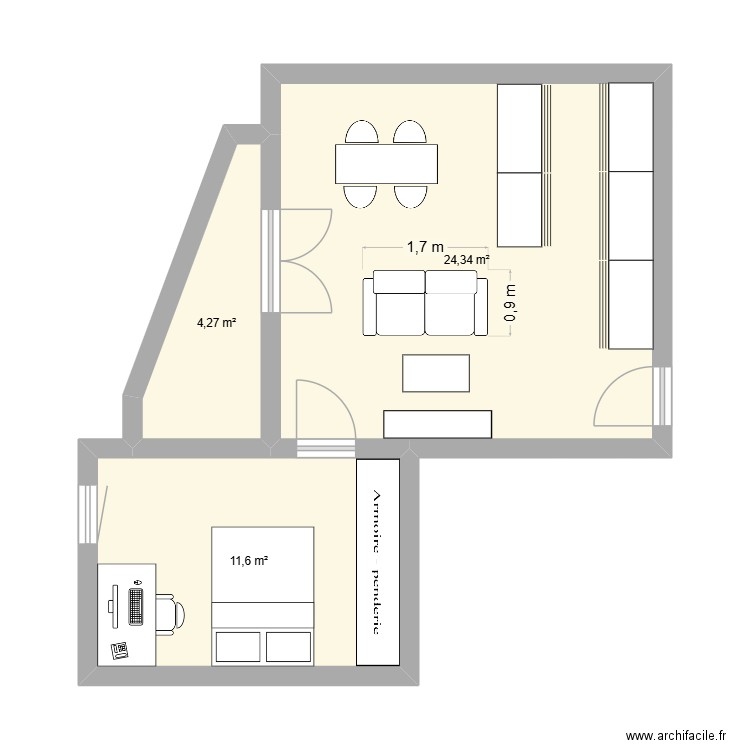 AppartT2. Plan de 3 pièces et 40 m2
