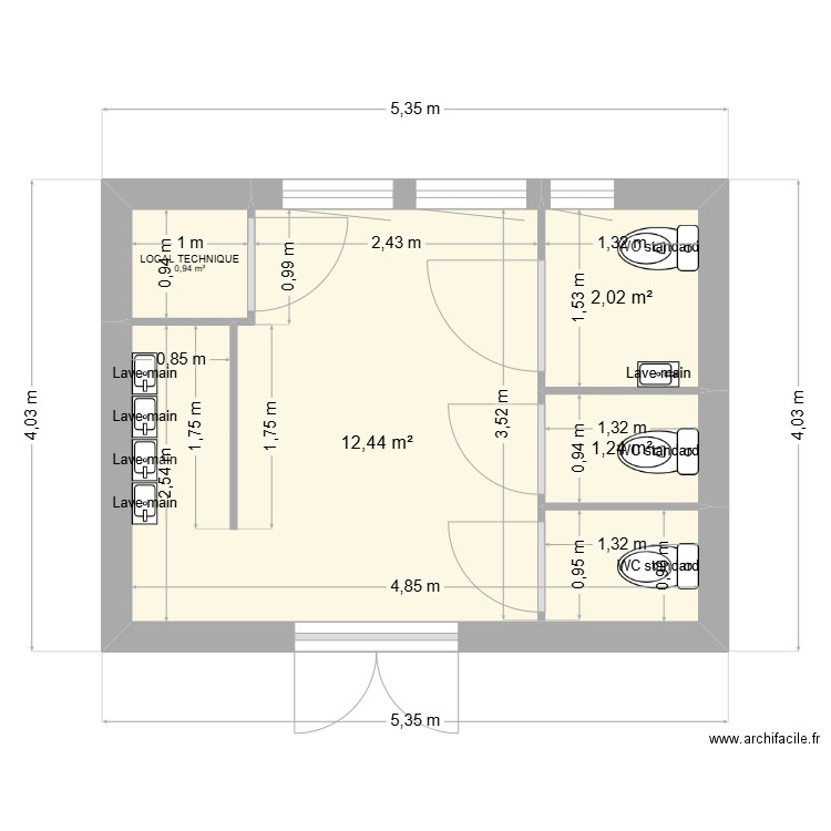 Toilette actuel. Plan de 4 pièces et 17 m2