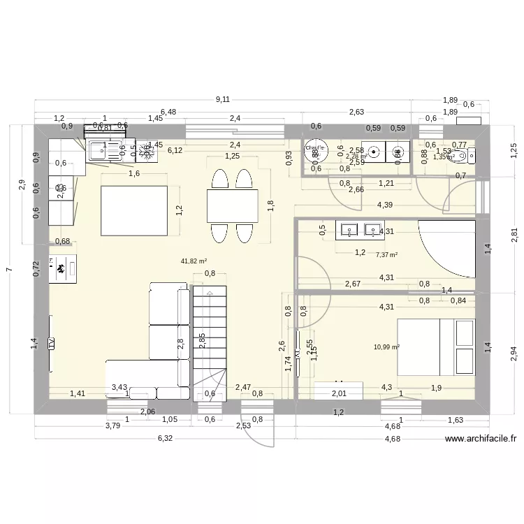 plan maison V1. Plan de 5  et 64 m²