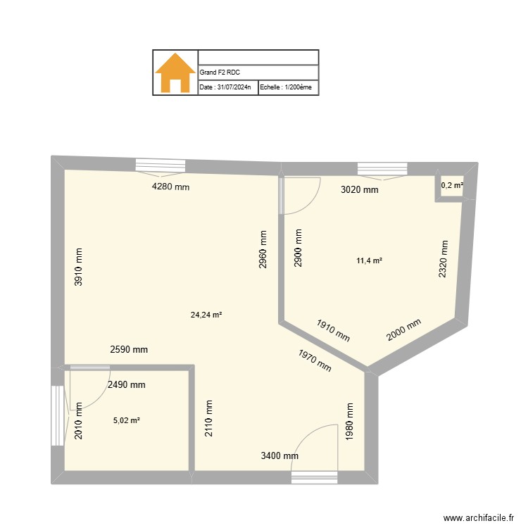 Grand F2 RDC cuisine sdb et elect. Plan de 4 pièces et 41 m2