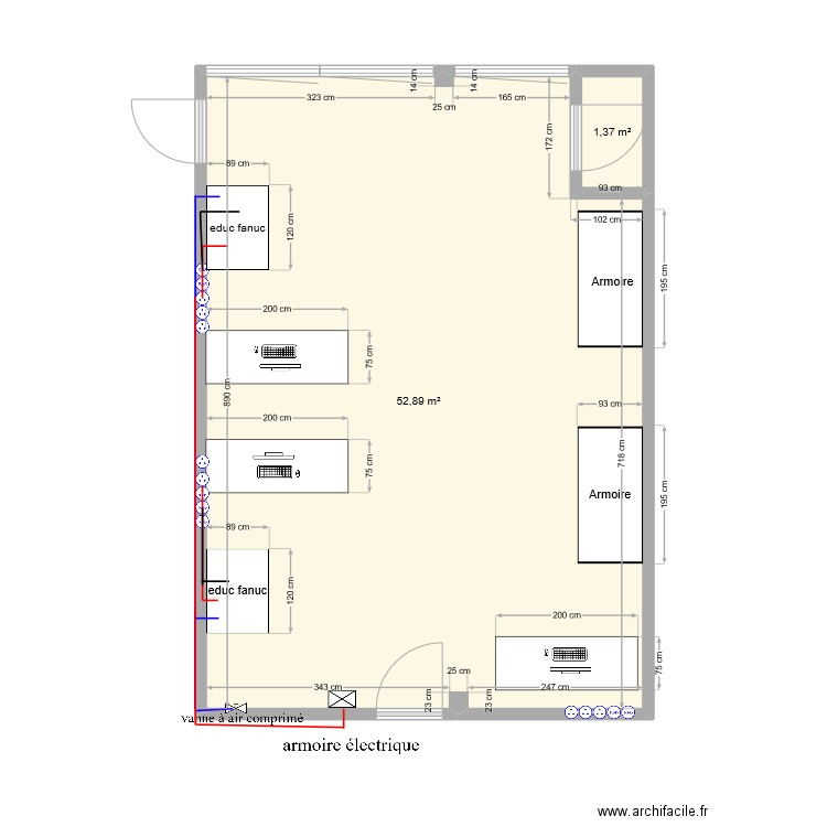 Salle 206. Plan de 2 pièces et 54 m2